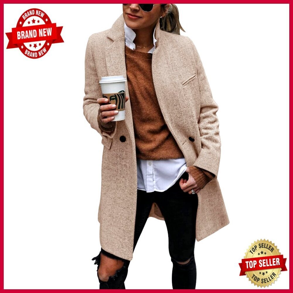 Long Trench Coat Peacoat Double Breasted Notch Lapel Wool Blend Jacket